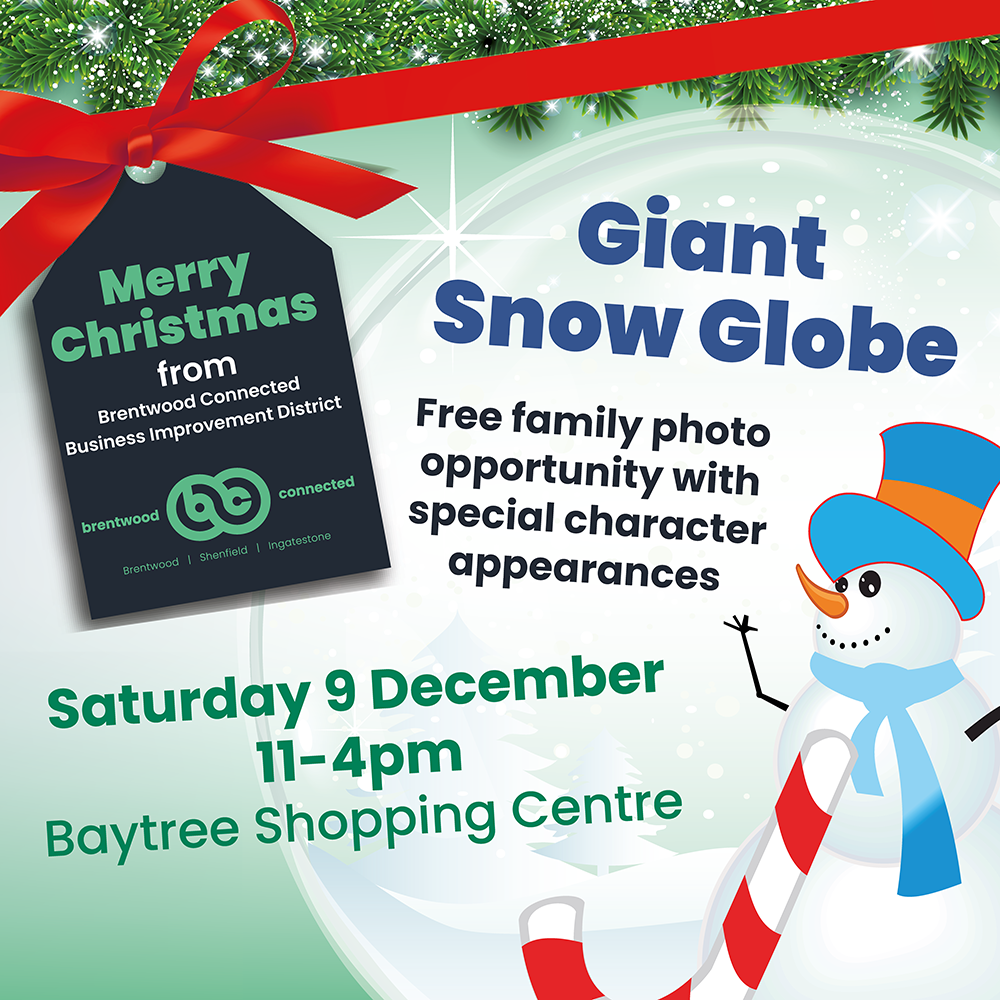 Giant Snow Globe - Free family photo opportunity with special character appearances. Saturday 9 December, 11am to 4pm at The Baytree Shopping Centre