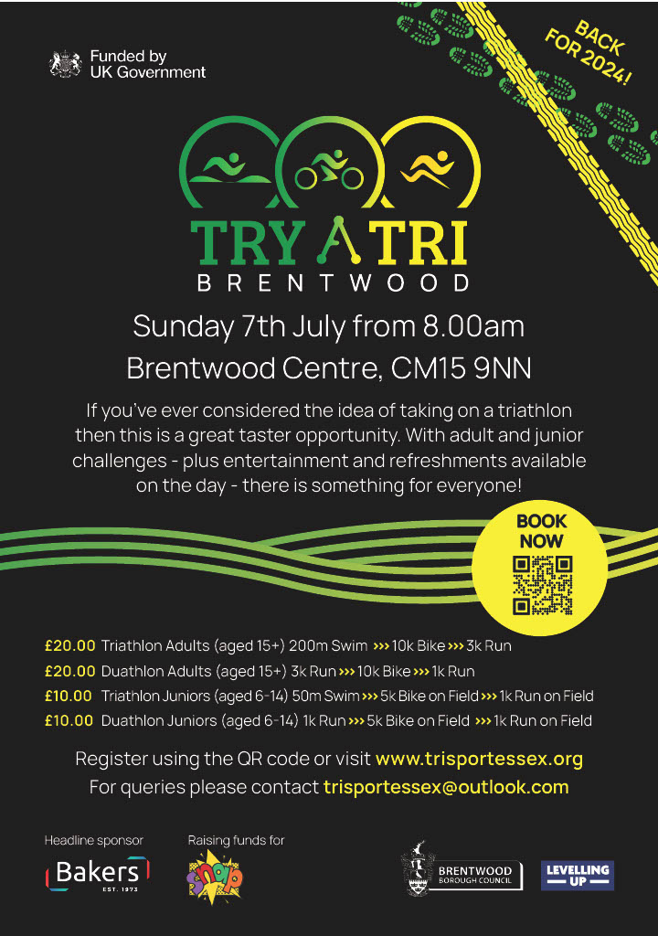 Brentwood Try a Tri taking place on Sunday 7 July 2024 from 8am at The Bentwood Centre, CM15 9NN