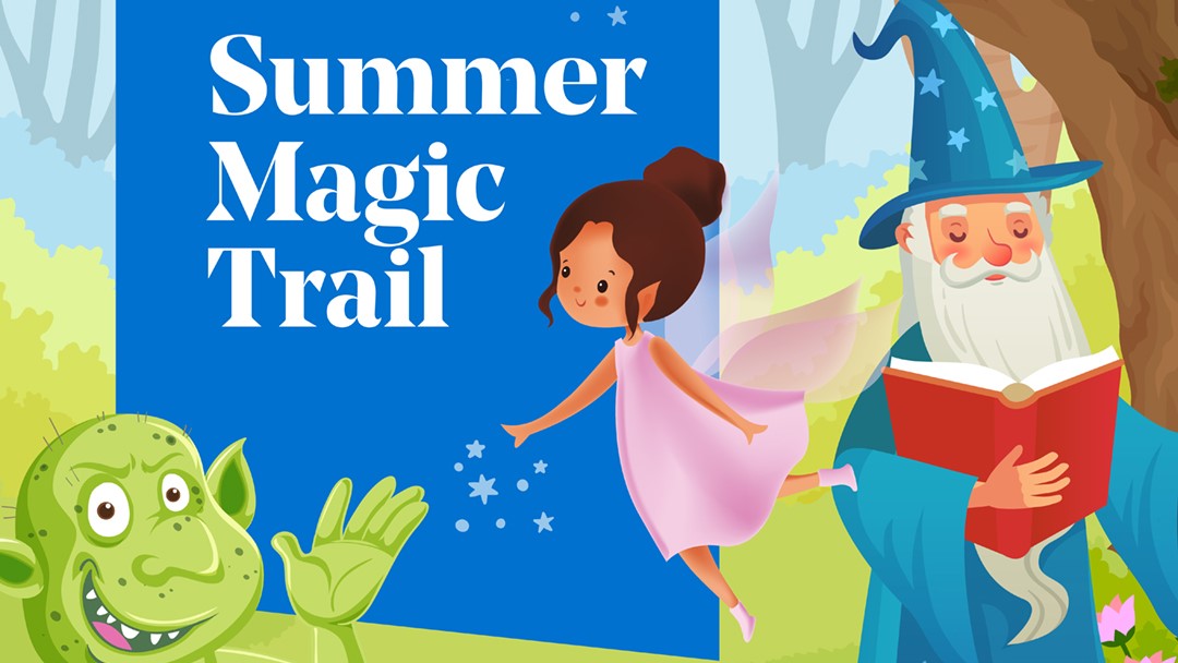 Summer Magic Trail. Image of a fairy, ogre, and a wizard reading a book.