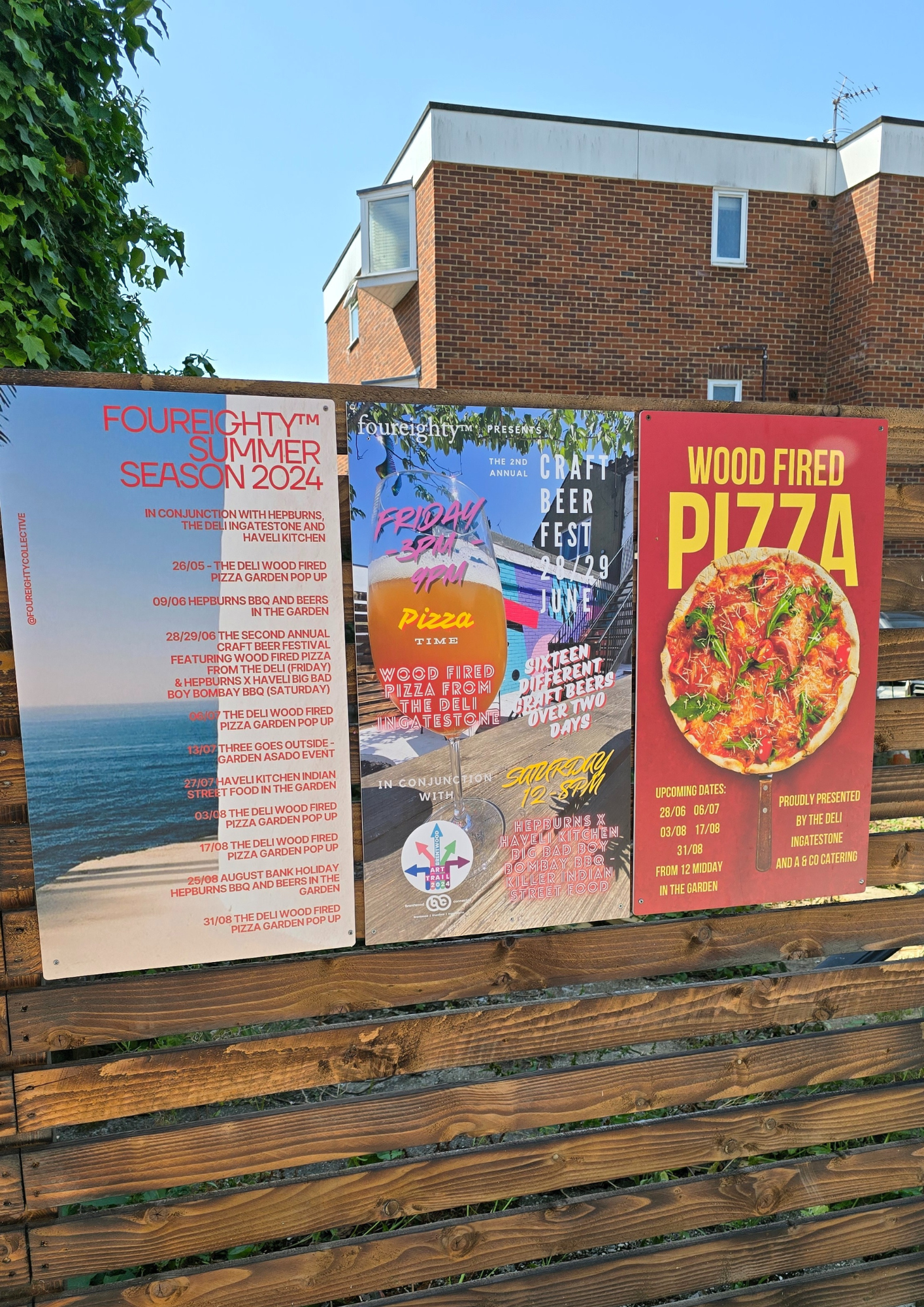 This image shows three posters advertising various events:  The left poster announces "Foureighty™ Summer Season 2024" in conjunction with Hepburns, The Deli Ingatestone, and Haveli Kitchen. It lists several event dates and activities from May to August, including a wood-fired pizza pop-up, BBQs, and street food.  The right poster highlights "Wood Fired Pizza," with upcoming dates from June to August at The Deli Ingatestone, proudly presented by The Deli and A&G Co Catering.