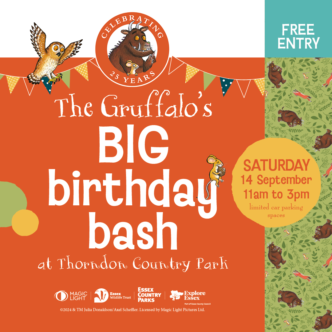 A colourful event poster with an orange background and festive bunting. The poster features the characters from "The Gruffalo" by Julia Donaldson and Axel Scheffler. At the top, there is a circular logo with the Gruffalo and the text "Celebrating 25 Years." Below the logo, large white text reads "The Gruffalo's BIG birthday bash." The event is scheduled for "Saturday, 14 September, 11am to 3pm" at "Thorndon Country Park." A yellow circle to the right contains this date and time information