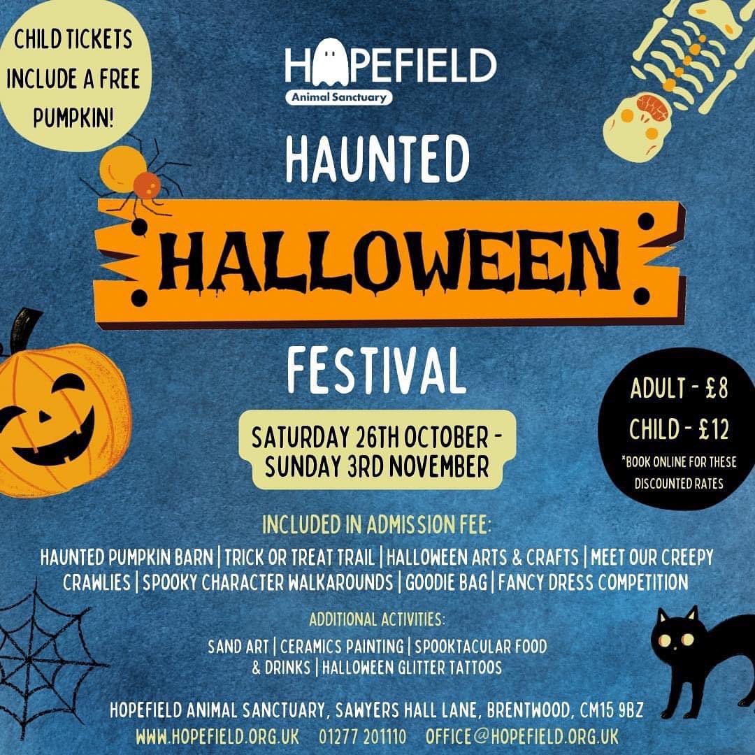 The image is a promotional flyer for the Hopefield Animal Sanctuary Haunted Halloween Festival. Here’s a description of the event details from the flyer: Event Title: Hopefield Animal Sanctuary Haunted Halloween Festival Event Dates: Saturday, 26th October – Sunday, 3rd November Ticket Prices: Adult: £8 Child: £12 (includes a free pumpkin) (Note: Book online for these discounted rates) Included in Admission Fee: Haunted Pumpkin Barn Trick or Treat Trail Halloween Arts & Crafts Meet Our Creepy Crawlies