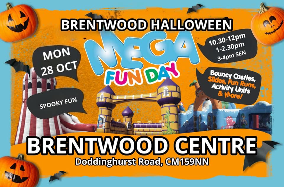 Brentwood Halloween at the Brentwood Centre Doddinghurst Road, CM15 9NN  Images show pumpkins, helter skelter and bouncy castles.  Event takes place Monday 28 October at various times - 10.30am to 12pm, 1-2.30pm and 3-4pm for SEN children.