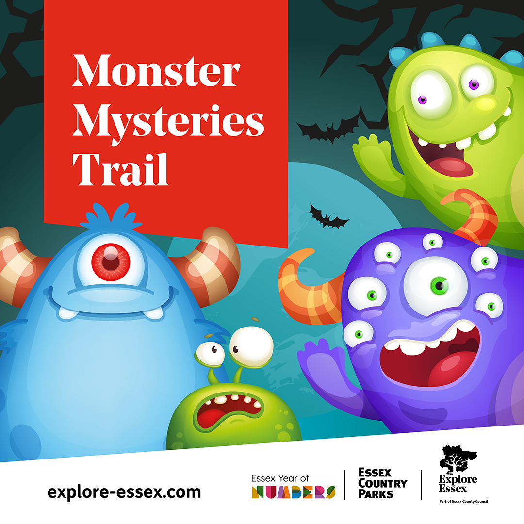 Image promoting Monster Mysteries Trail at Essex Country Parks showing four colourful monsters with different appearances. Logos for Essex Year of NUMBERS, Essex Country Parks and Explore Essex appear at the bottom, along with the URL explore-essex.com