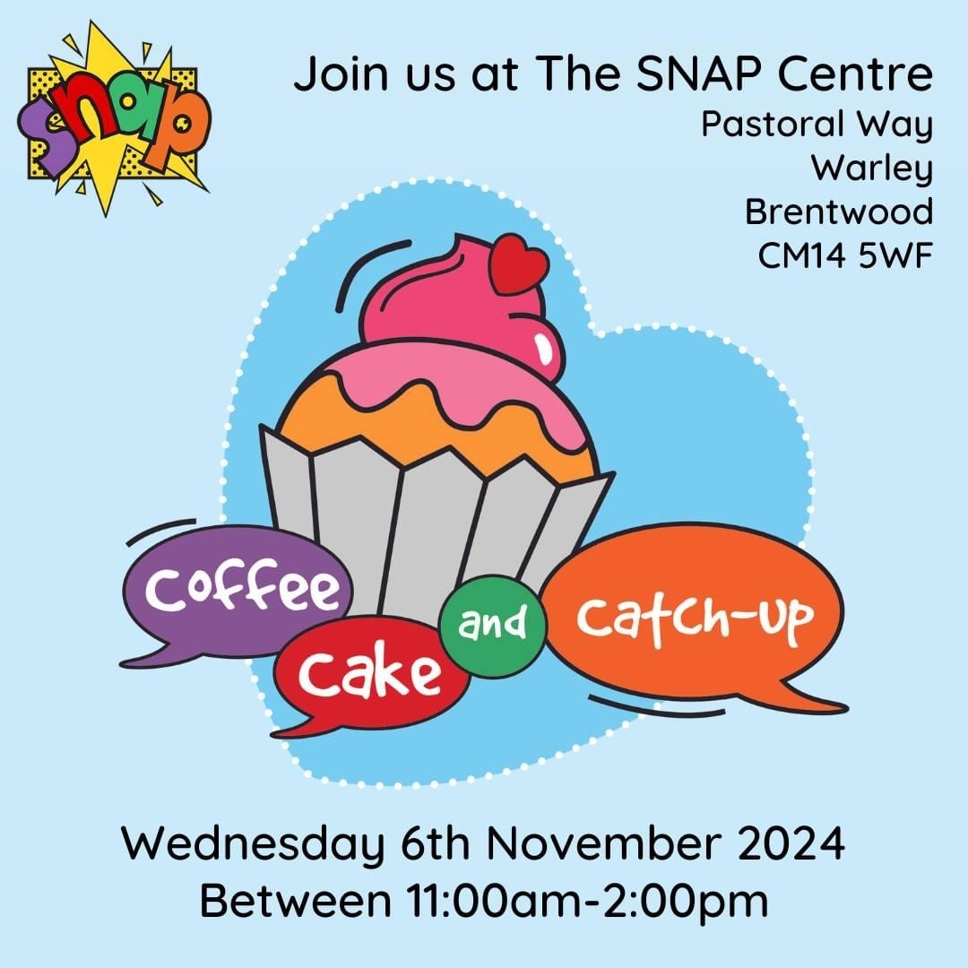 image promoting SNAP Charity's Coffee, Cake and Catch-up event on Wednesday 6 November 2024 between 11am and 2pm. The event takes place at the SNAP Centre - Pastoral Way, Warley, Brentwood CM14 5WF. The image shows a cupcake with a heart on top.