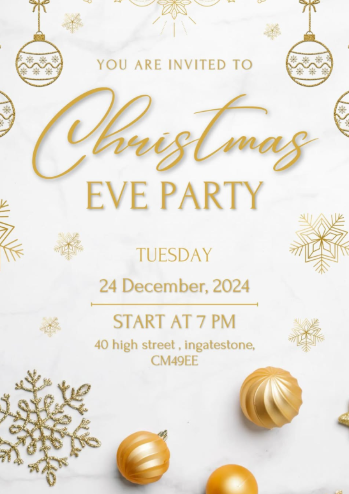 Cream and gold Christmas decoration image promoting The Lounge Wine Bar's Christmas Eve party from 7pm on 24 December 2024. Tickets are £10