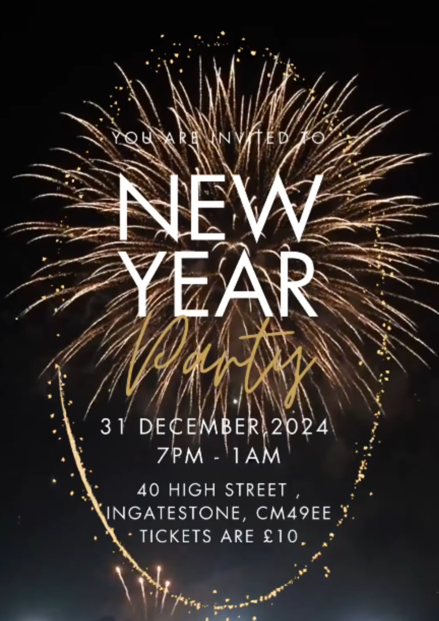 Fireworks image promoting The Lounge Wine Bar's New Year's Eve party from 7pm to 1am on 31 December 2024. Tickets are £10