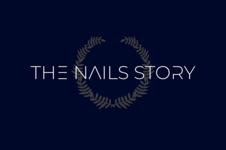 Logo for THE NAILS STORY with white text on a dark blue background.