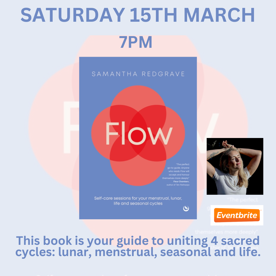 Flow book cover with an orange flower design next to a photograph of a woman smiling. SATURDAY 15TH MARCH 7PM.