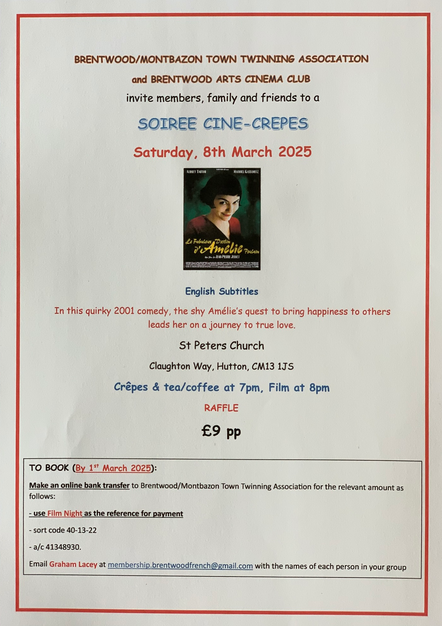 Poster for Soiree Cine-Crepes and the film Amelie on Saturday 8 March from 7pm, hosted by Brentwood-Montbazon Town Twinning Association and the Brentwood Arts Cinema Club