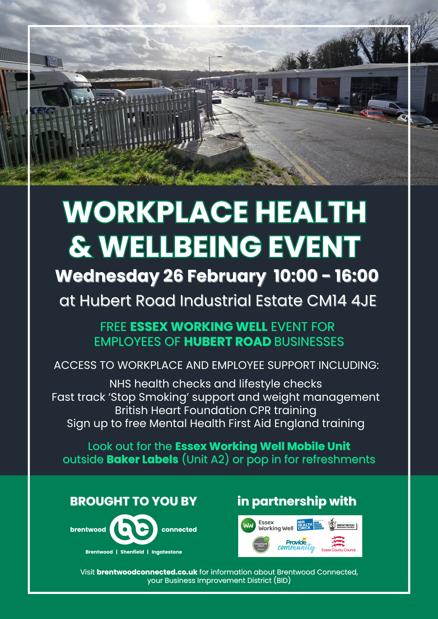 Poster for the Brentwood Connected Workplace Health & Wellbeing Event on Wednesday 26 February from 10am to 3pm, at the Hubert Road Industrial Estate.
