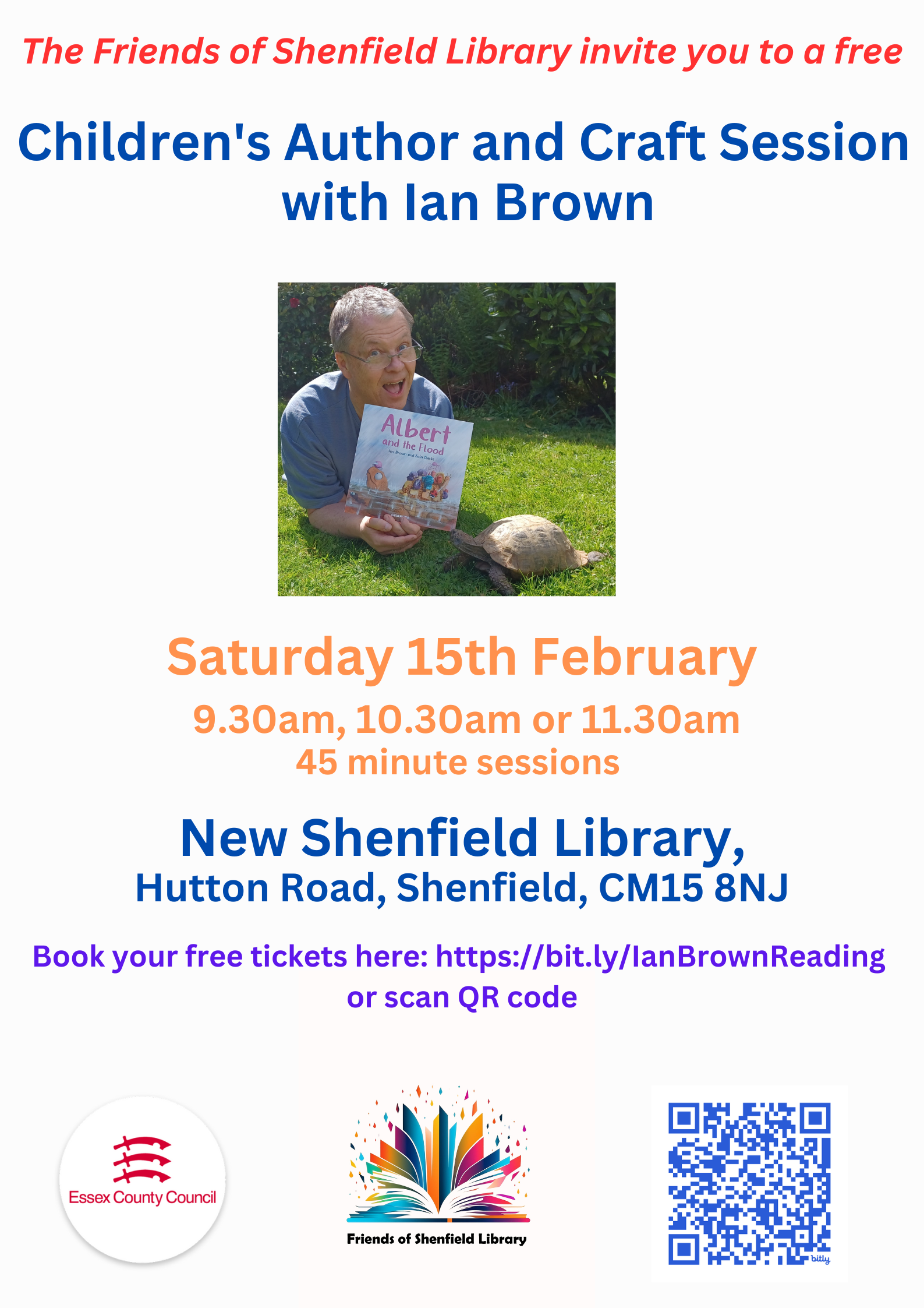 Poster promoting a Children's Author and Craft Session with Ian Brown at Shenfield Library, hosted by Friends of Shenfield Library.  Takes place on Saturday 15 February at 09:30, 10:30 and 11:30 (45 minute sessions).