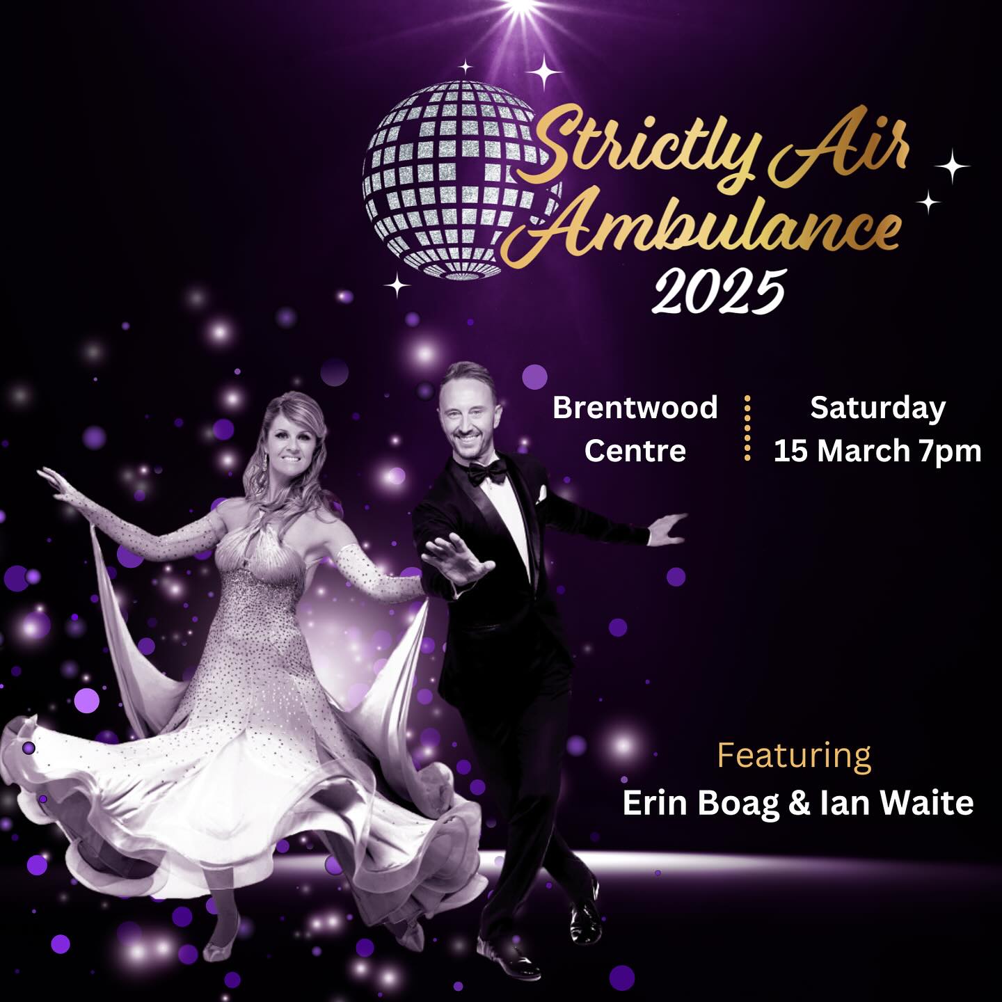 Image promoting Strictly Air Ambulance 2025 at the Brentwood Centre on Saturday 15 March from 7pm, featuring Erin Boag & Ian Waite