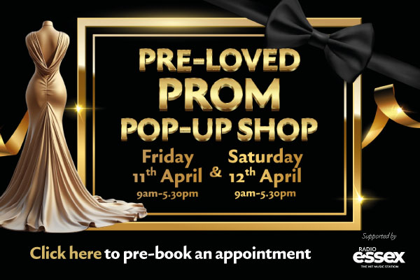 Image promoting the Pre-Loved Prom Pop-Up Shop at the Baytree Shopping Centre on Friday 11 April and Saturday 12 April. Image shows a gold dress.
