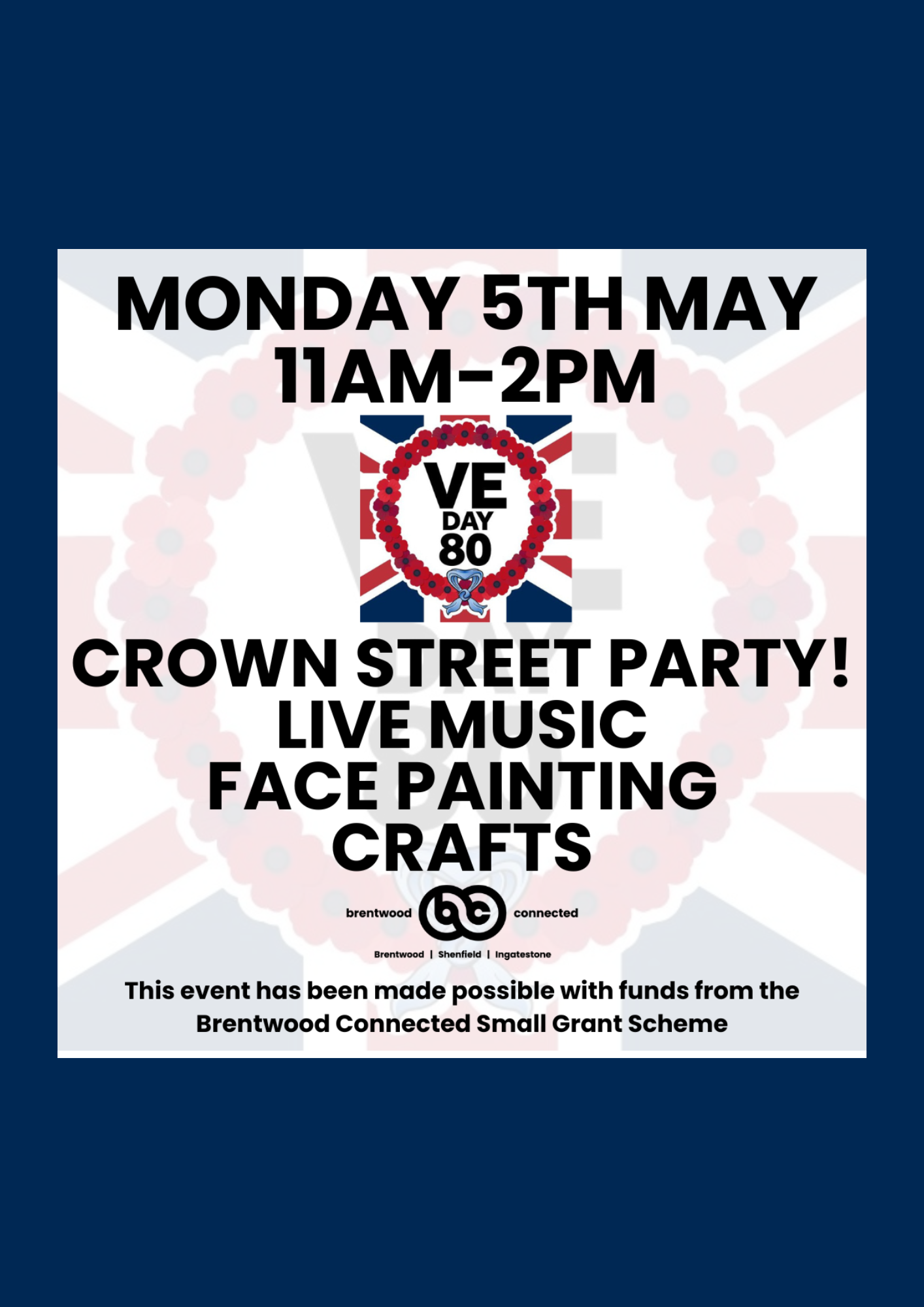 Image promoting VE Day Crown Street Party on Monday 5 May.