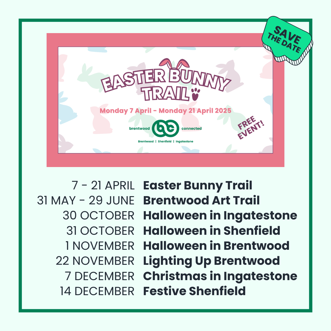 Image showing Easter Bunny Trail promotion and a list of upcoming Brentwood Connected dates.