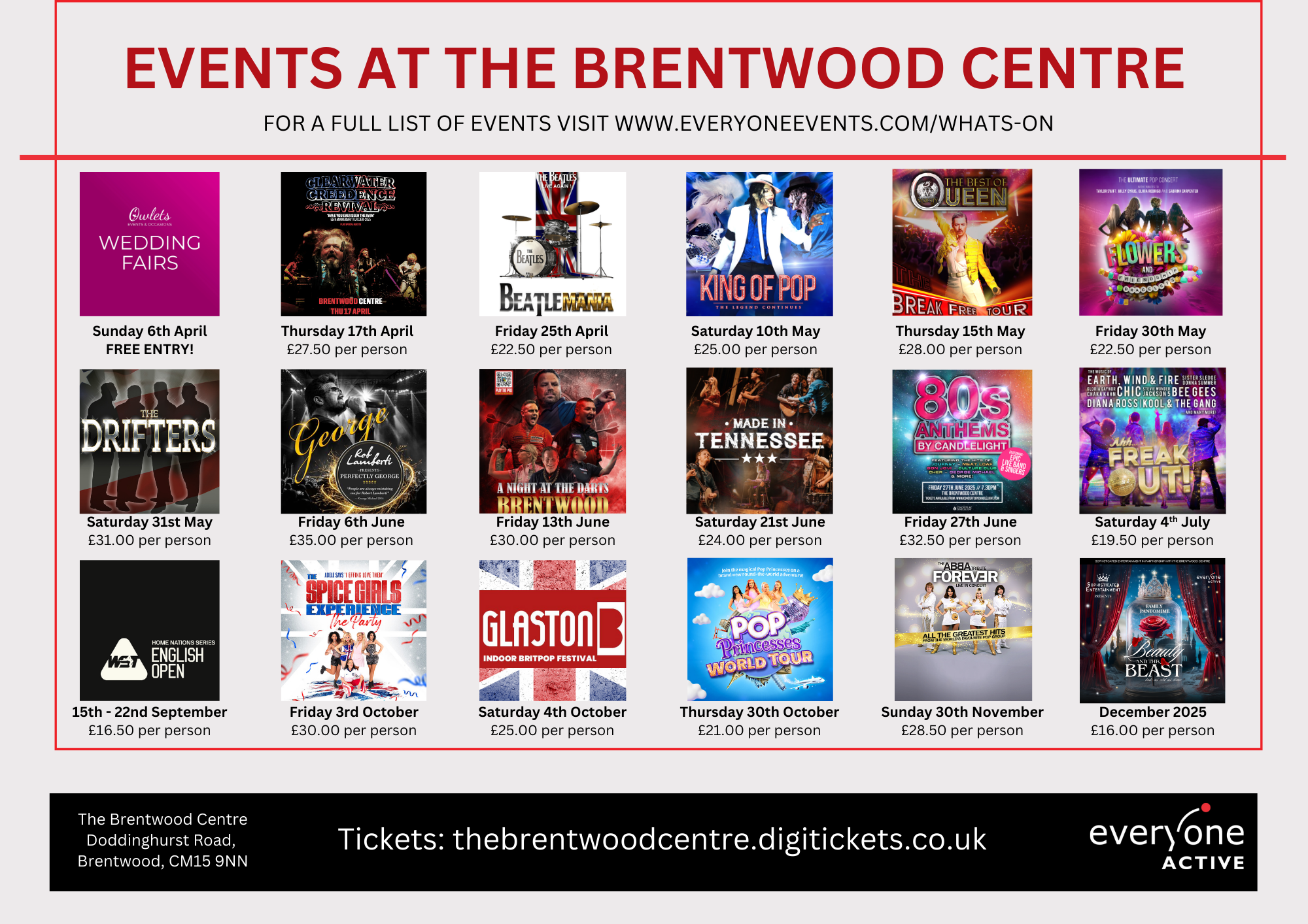 Flyer detailing upcoming events at the Brentwood Centre in 2025.