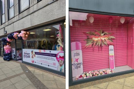 Two images showing the exterior of Pamper Me Pretty & Co with pink, black and gold balloons outside and an advertising vinyl in the window, and a second photo showing a pink window with lit neon sign saying 'Pamper Me Pretty & Co', surrounded by dried foliage.