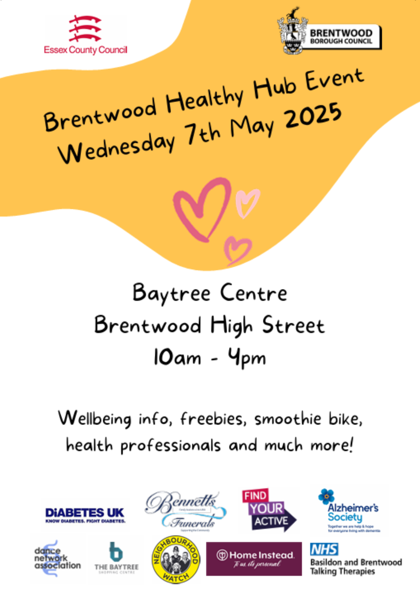 Poster for the Brentwood Healthy Hub Event from Brentwood Borough Council and Essex County Council on Wednesday 7 May from 10am to 4pm at the Baytree Shopping Centre.