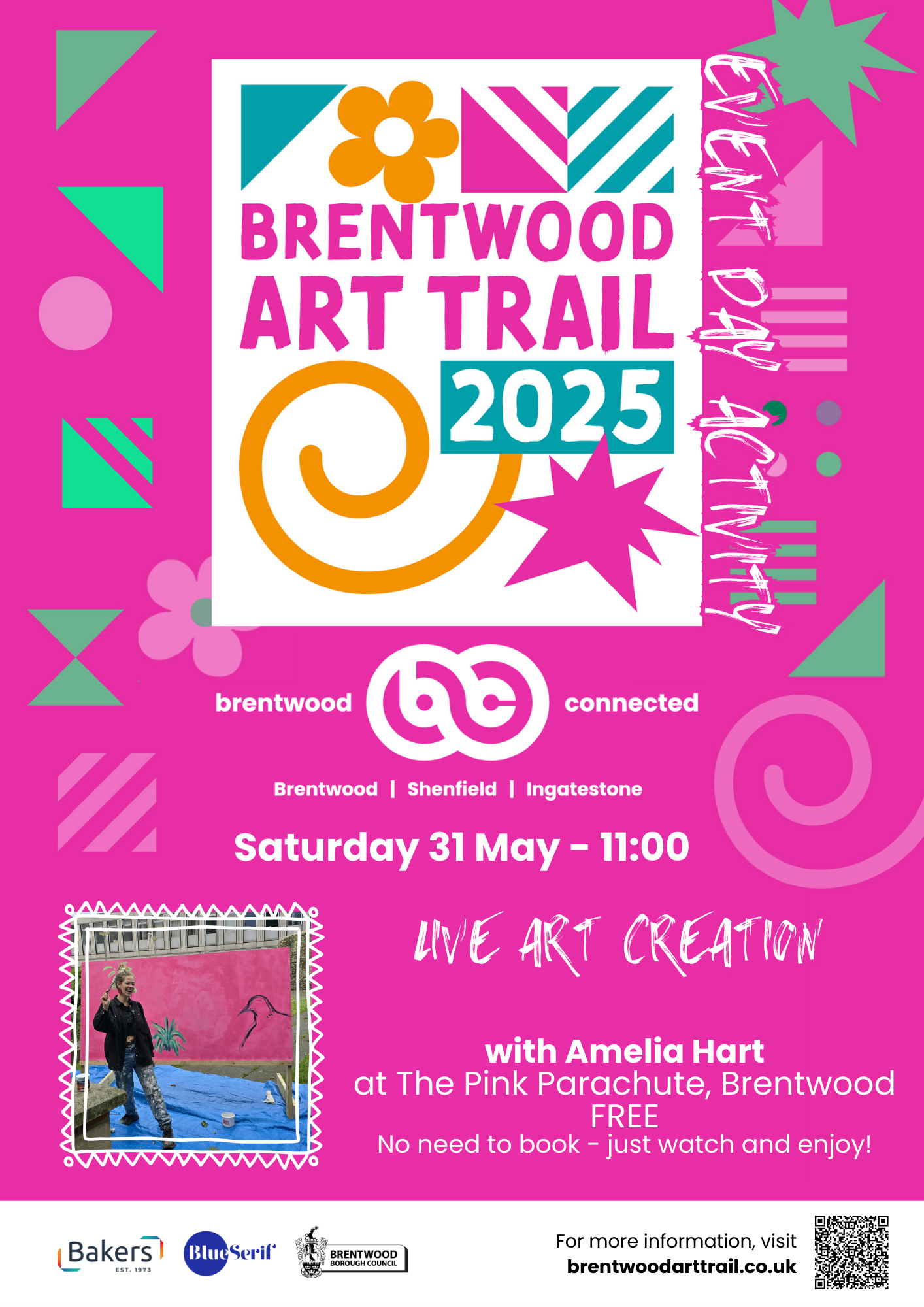 Poster promoting Brentwood Art Trail activity on Saturday 31 May - Live Art Creation with artist Amelia Hart