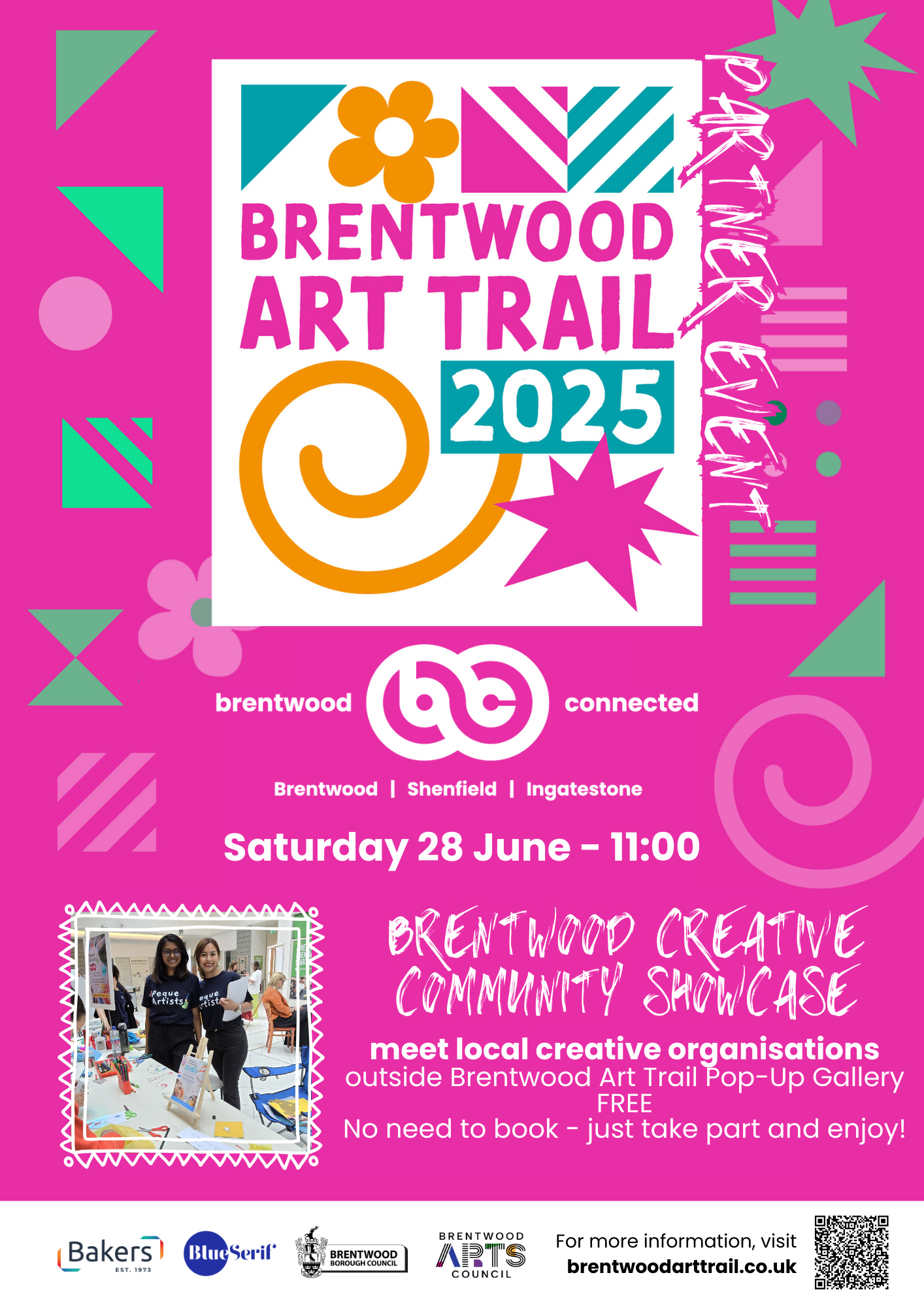 Poster promoting the Brentwood Creative Community Showcase as part of the Brentwood Art Trail on Saturday 28 June from 11am,