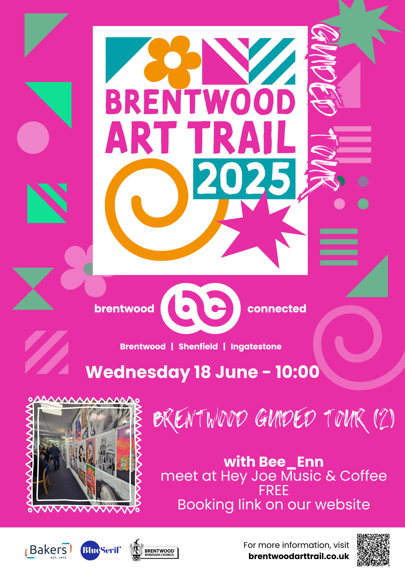 Image promoting the Brentwood Art Trail Guided tour on Wednesday 18 June from 10am, starting at Hey Joe Music & Coffee.