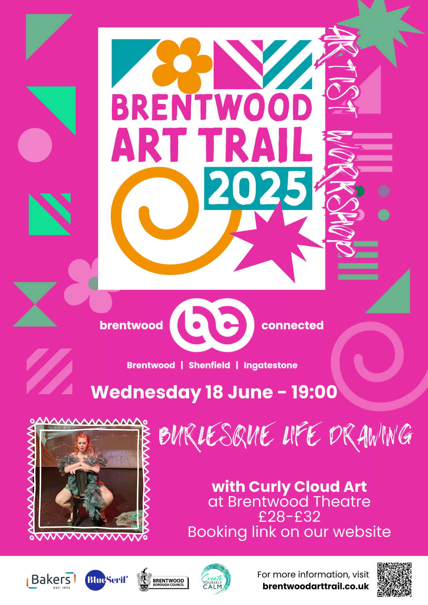Poster promoting Burlesque Life Drawing with Curly Cloud Art at Brentwood Theatre on Wednesday 18 June as part of the Brentwood Art Trail.