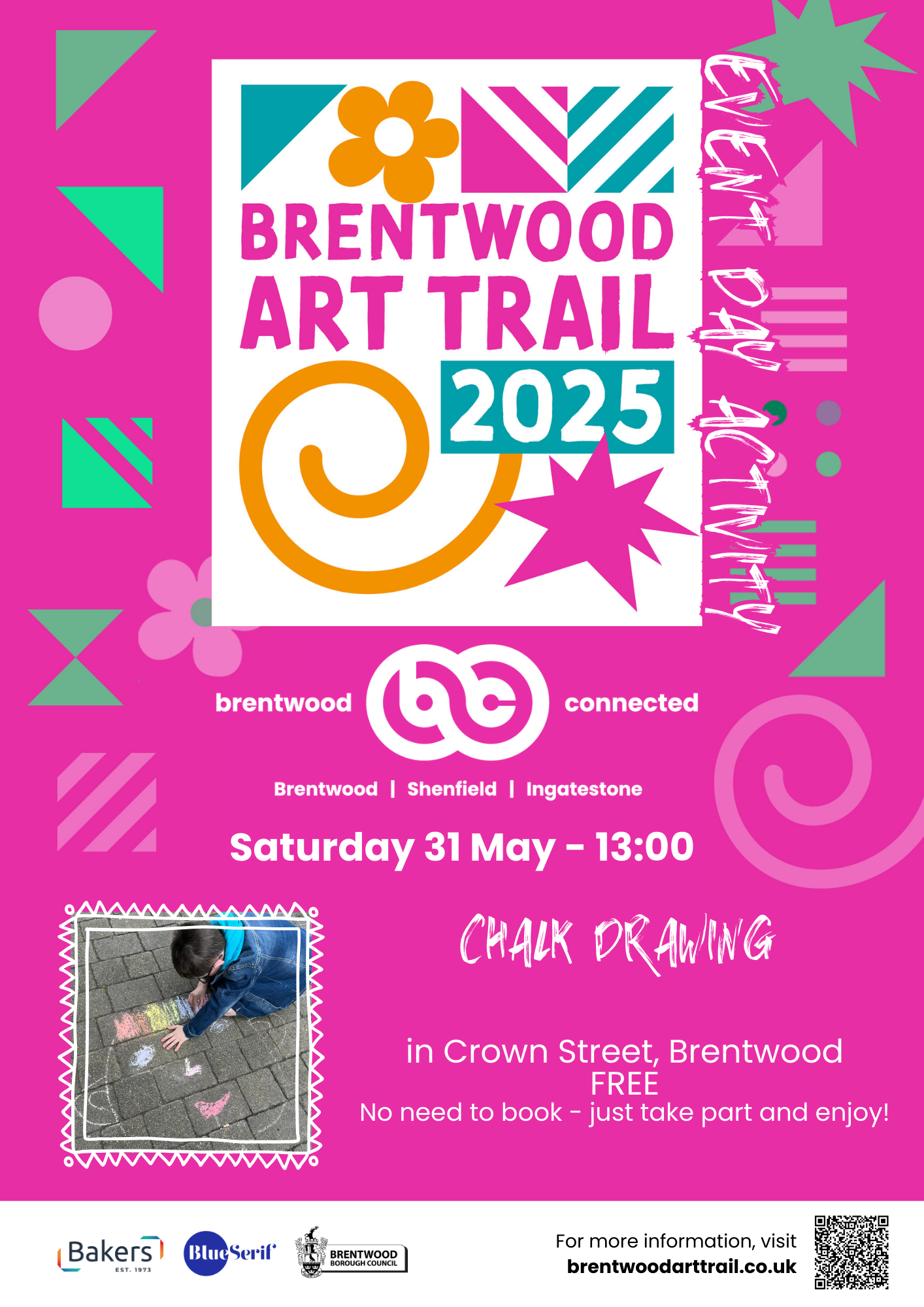 Poster promoting Brentwood Art Trail activity on Saturday 31 May - Chalk Drawing in Crown Street