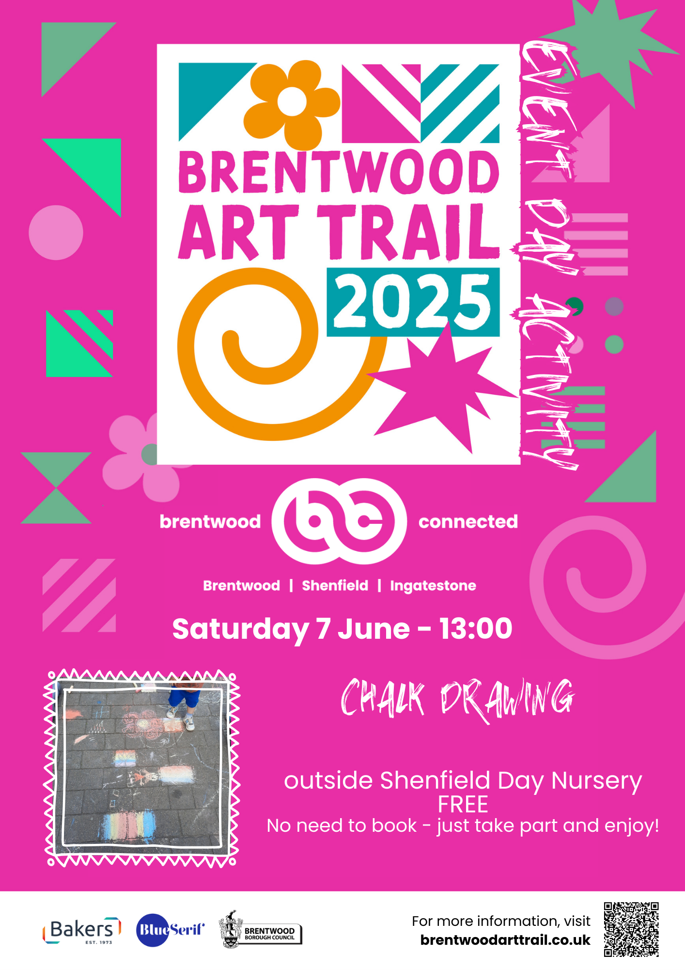 Poster promoting Brentwood Art Trail activity on Saturday 31 May - Chalk Drawing at Shenfield Day Nursery