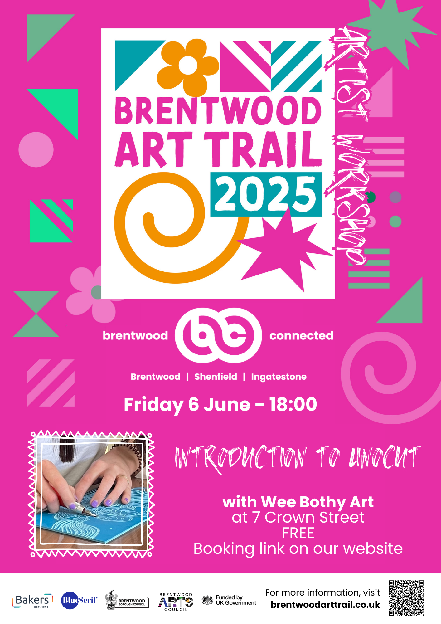 Poster promoting Introduction to Linocut with Wee Bothy Art on Friday 6 June from 6pm at 7 Crown Street.