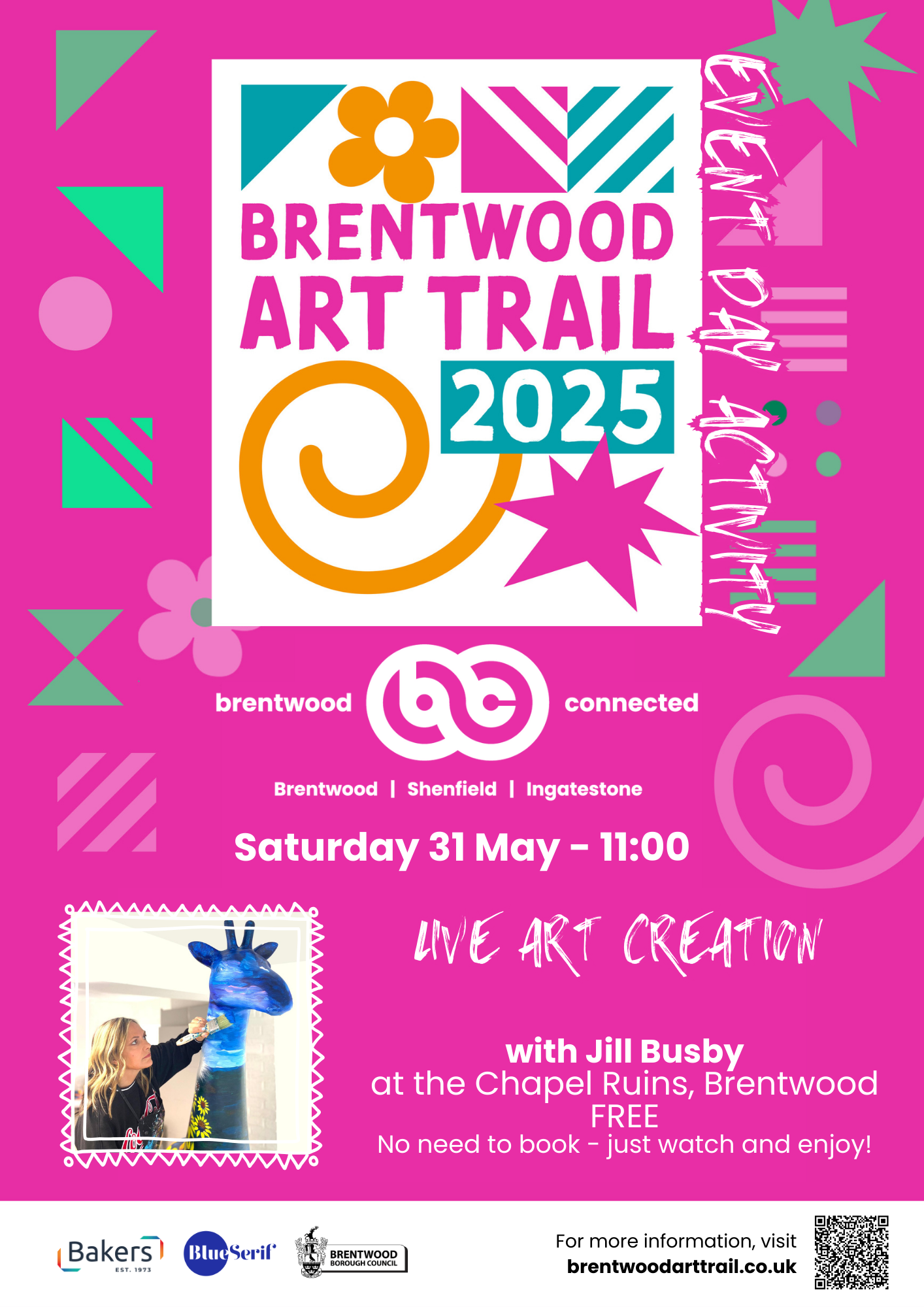 Poster promoting Brentwood Art Trail activity on Saturday 31 May - Live Art Creation with artist Jill Busby