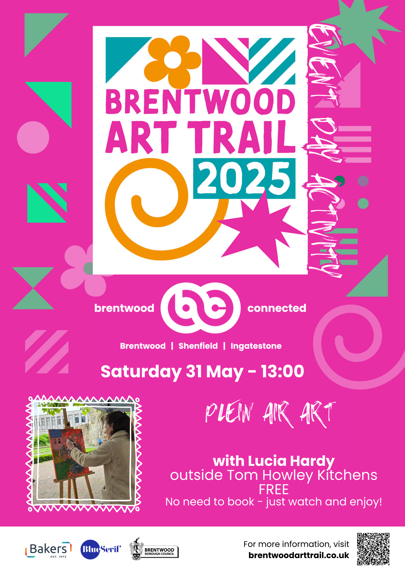 Poster promoting Brentwood Art Trail activity on Saturday 31 May - Plein Air Art with artist Lucia Hardy.