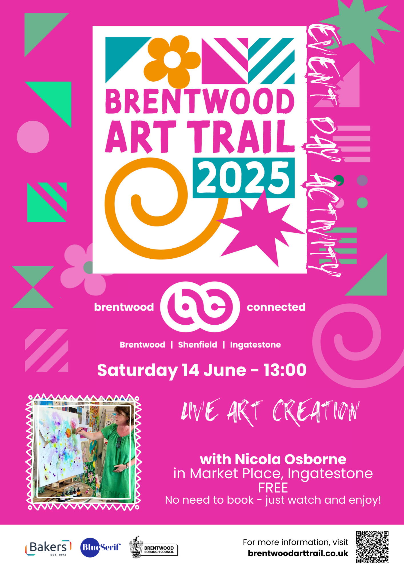 Poster promoting Brentwood Art Trail activity on Saturday 14 June - Live Art Creation with artist Nicola Osborne