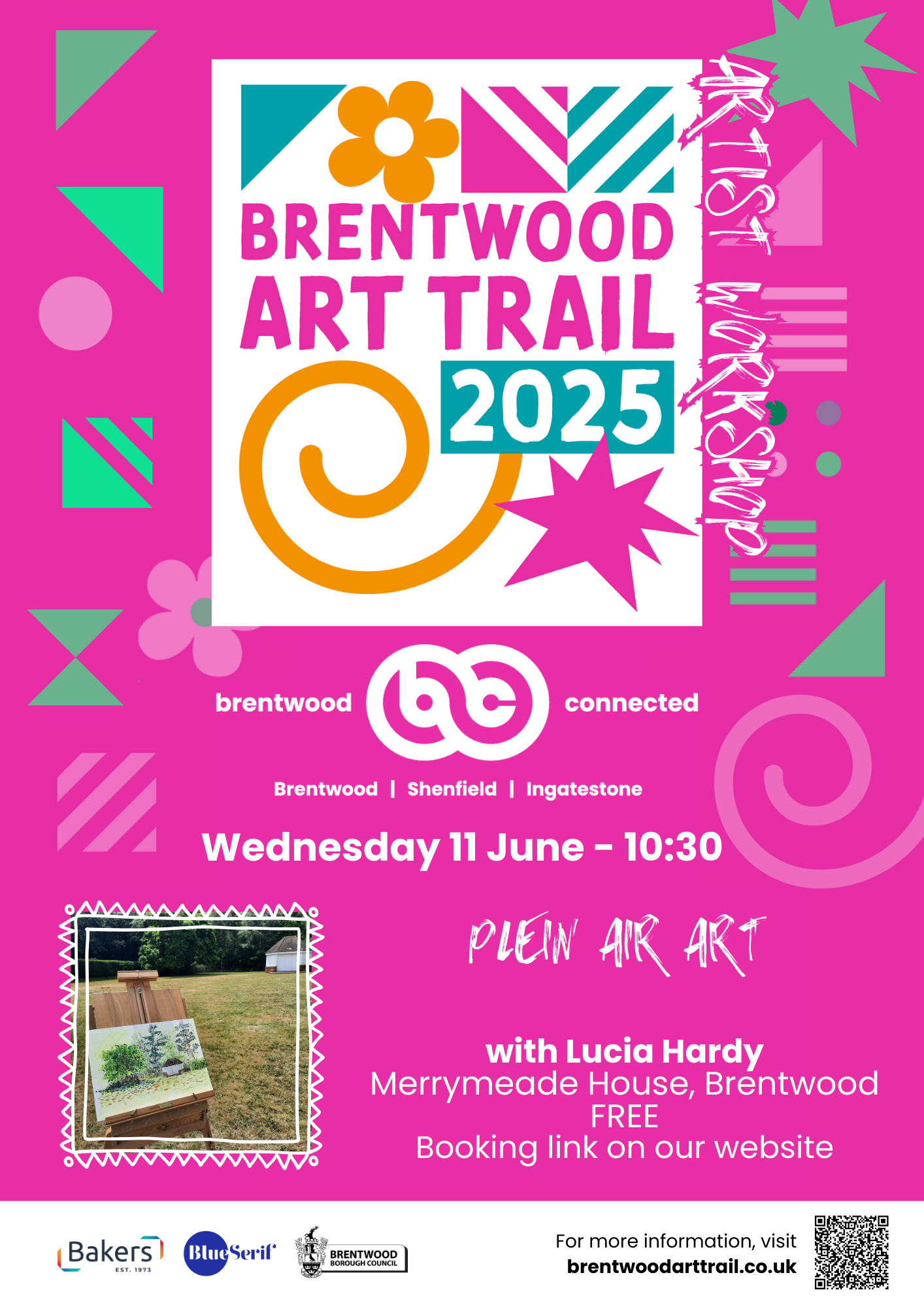 Poster promoting Brentwood Art Trail activity on Wednesday 11 June - Plein Air Art with artist Lucia Hardy