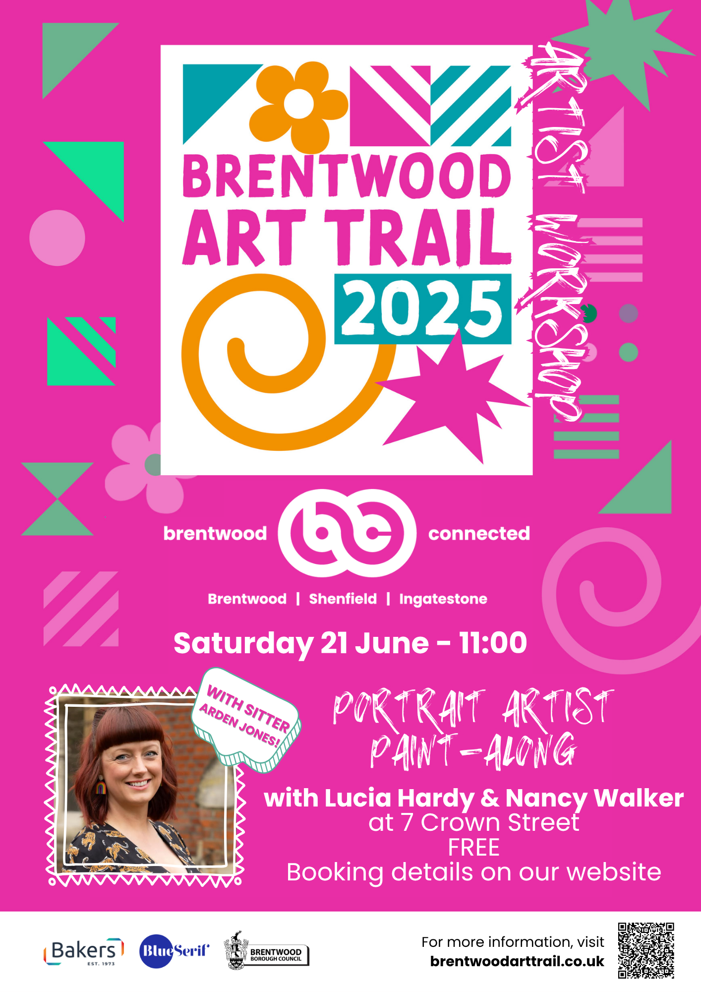 Image promoting the Brentwood Art Trail Portrait Artist Paint-Along on Saturday 21 June from 11am with sitter Arden Jones and artists Lucia Hardy and Nancy Walker.