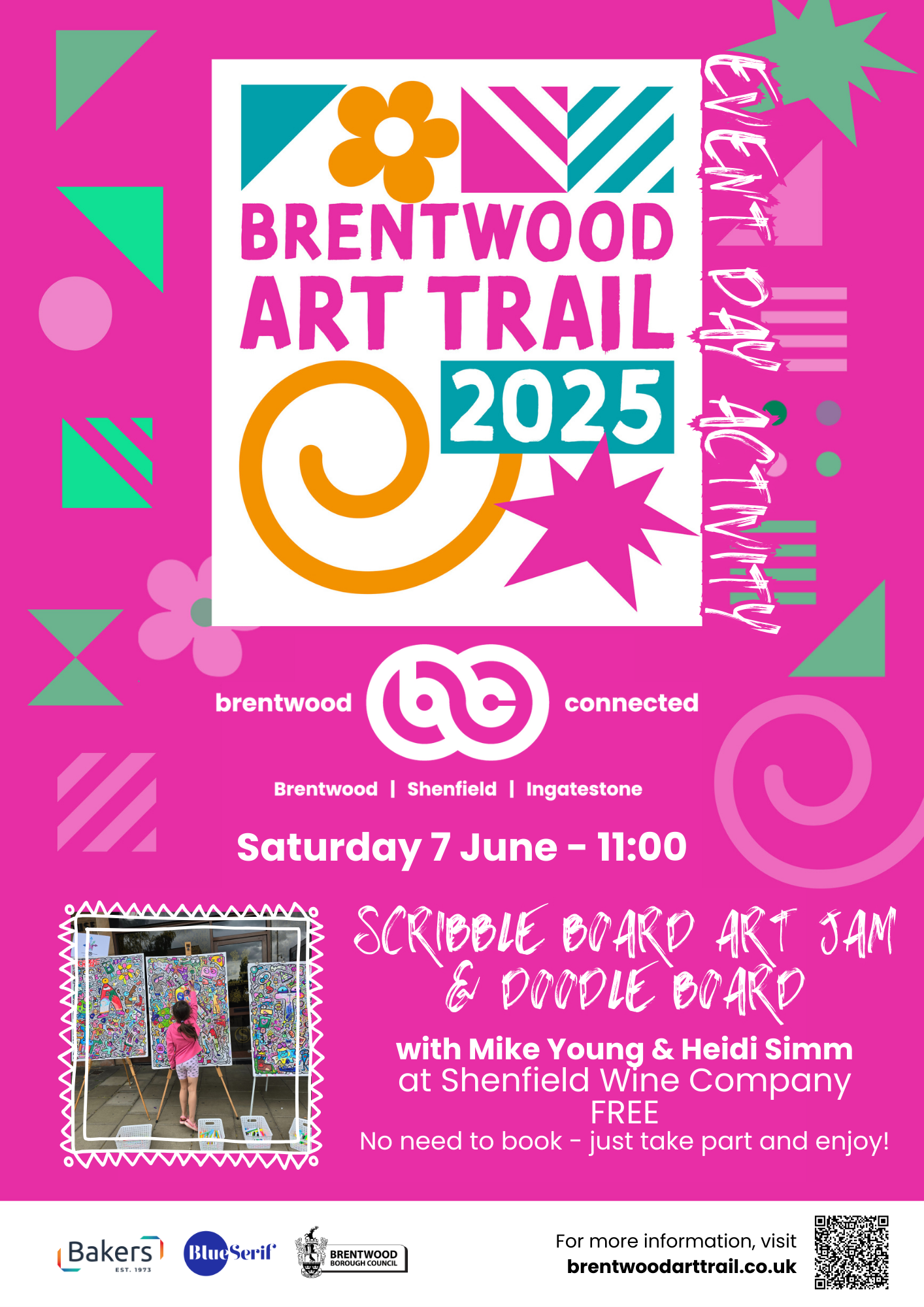 Poster promoting Brentwood Art Trail activity on Saturday 7 June - Scribble Board Art Jam & Doodle Board