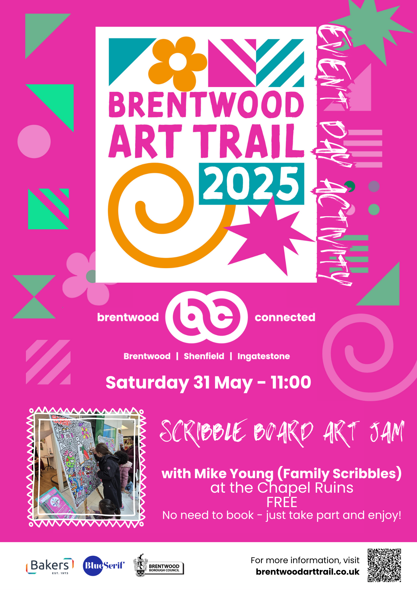 Poster promoting Brentwood Art Trail activity on Saturday 31 May - Scribble Board Art Jam