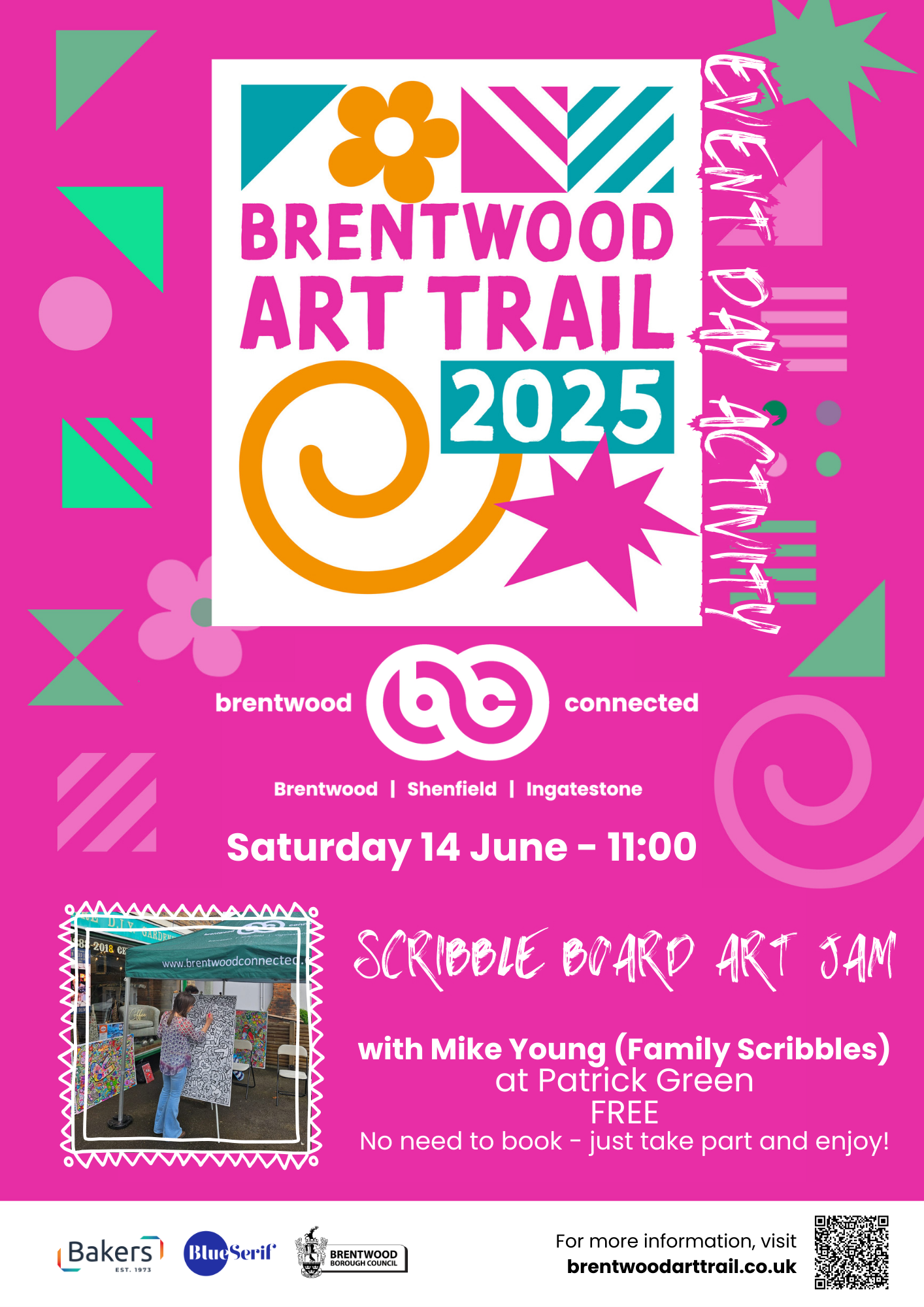 Poster promoting Brentwood Art Trail activity on Saturday 14 June - Scribble Board Art Jam