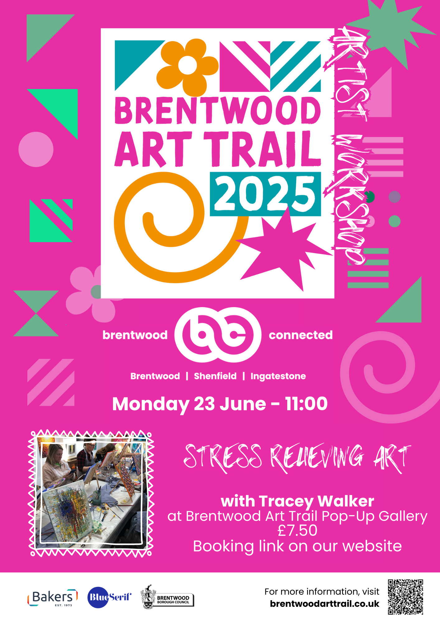 Poster promoting Stress Relieving Art with Tracey Walker on Monday 23 June as part of the Brentwood Art Trail.