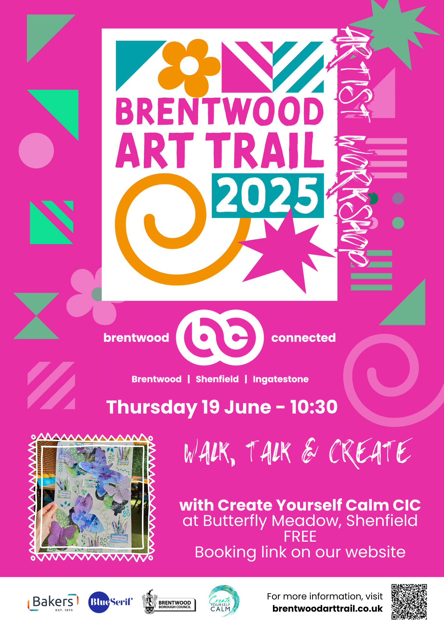 Poster promoting Brentwood Art Trail Walk, Talk & Create event at Butterfly Meadow on Thursday 19 June 2025