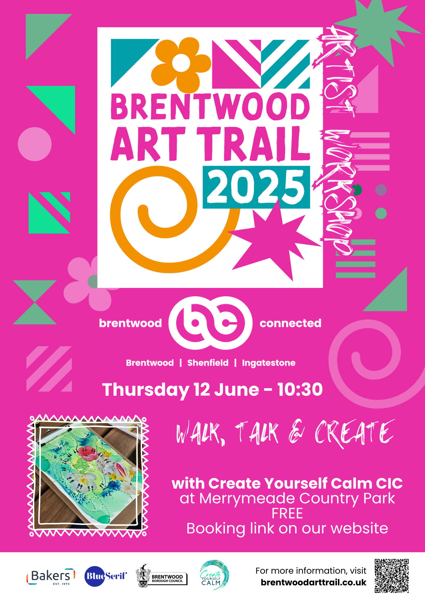 Poster promoting Brentwood Art Trail Walk, Talk & Create event at Merrymeade Country Park on Thursday 12 June 2025