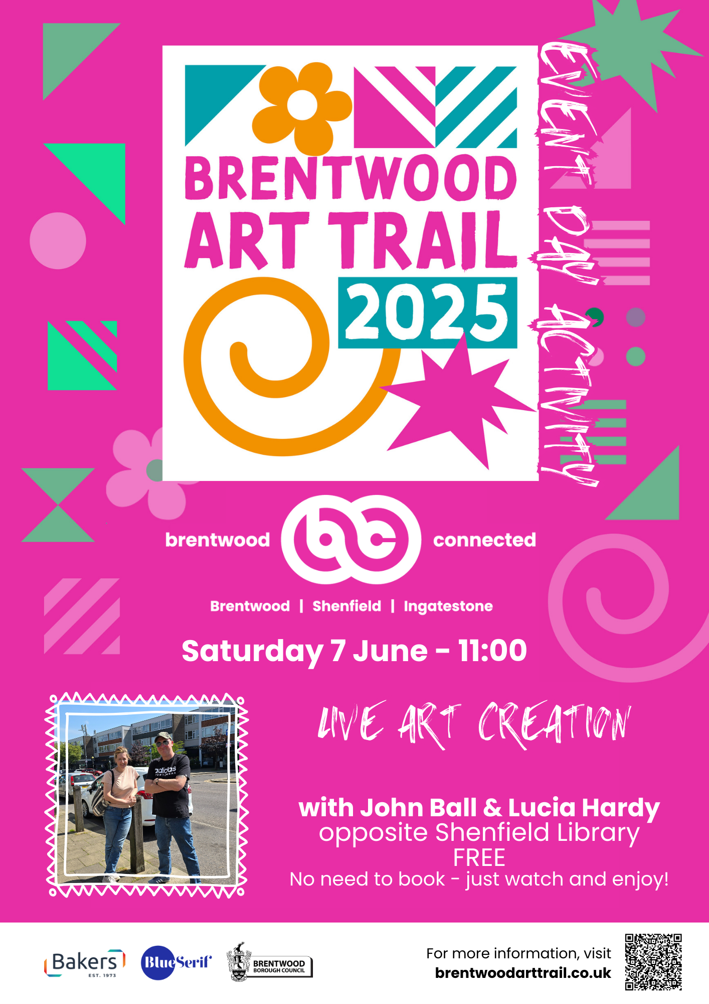 Poster promoting Brentwood Art Trail activity on Saturday 7 June - Live Art Creation with artists John Ball and Lucia Hardy.