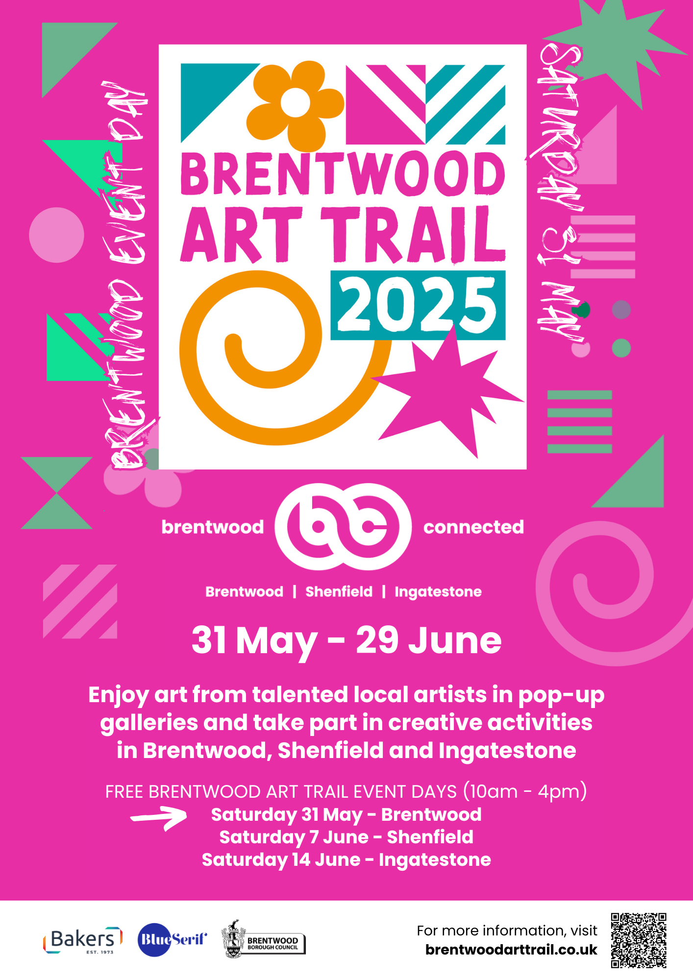 Bright pink poster for the Brentwood Art Trail 2025 from 31 May to 29 June. with added text for the Brentwood event day on Saturday 31 May and an arrow pointing to this date in a list of three.