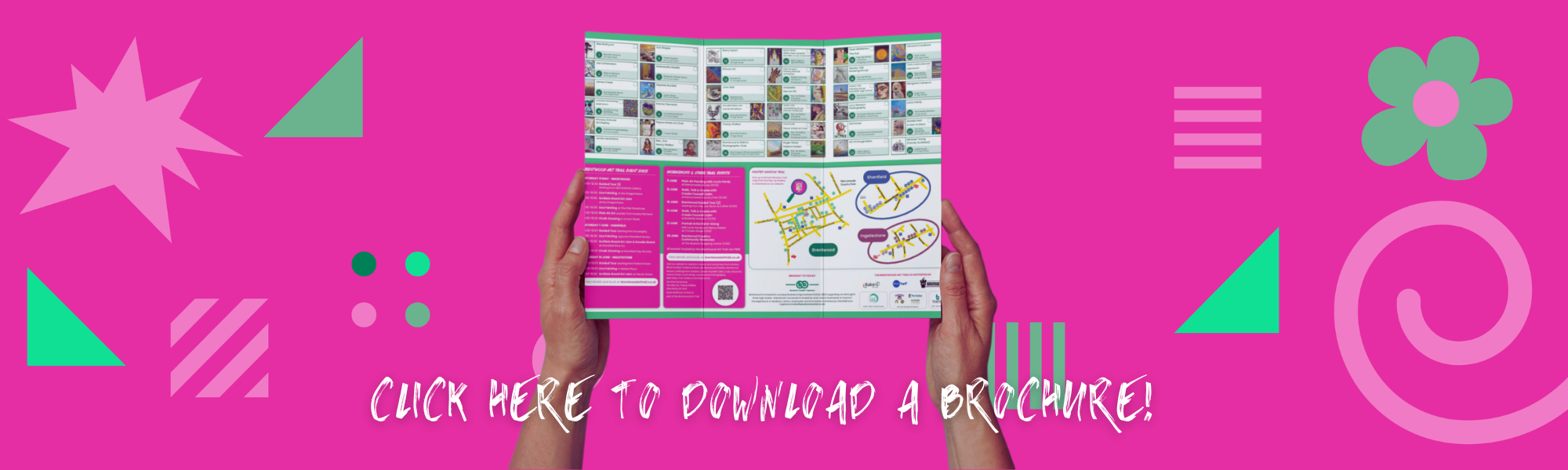 Image showing two hands holding a Brentwood Art Trail 2025 brochure and 'click here to download a brochure'.