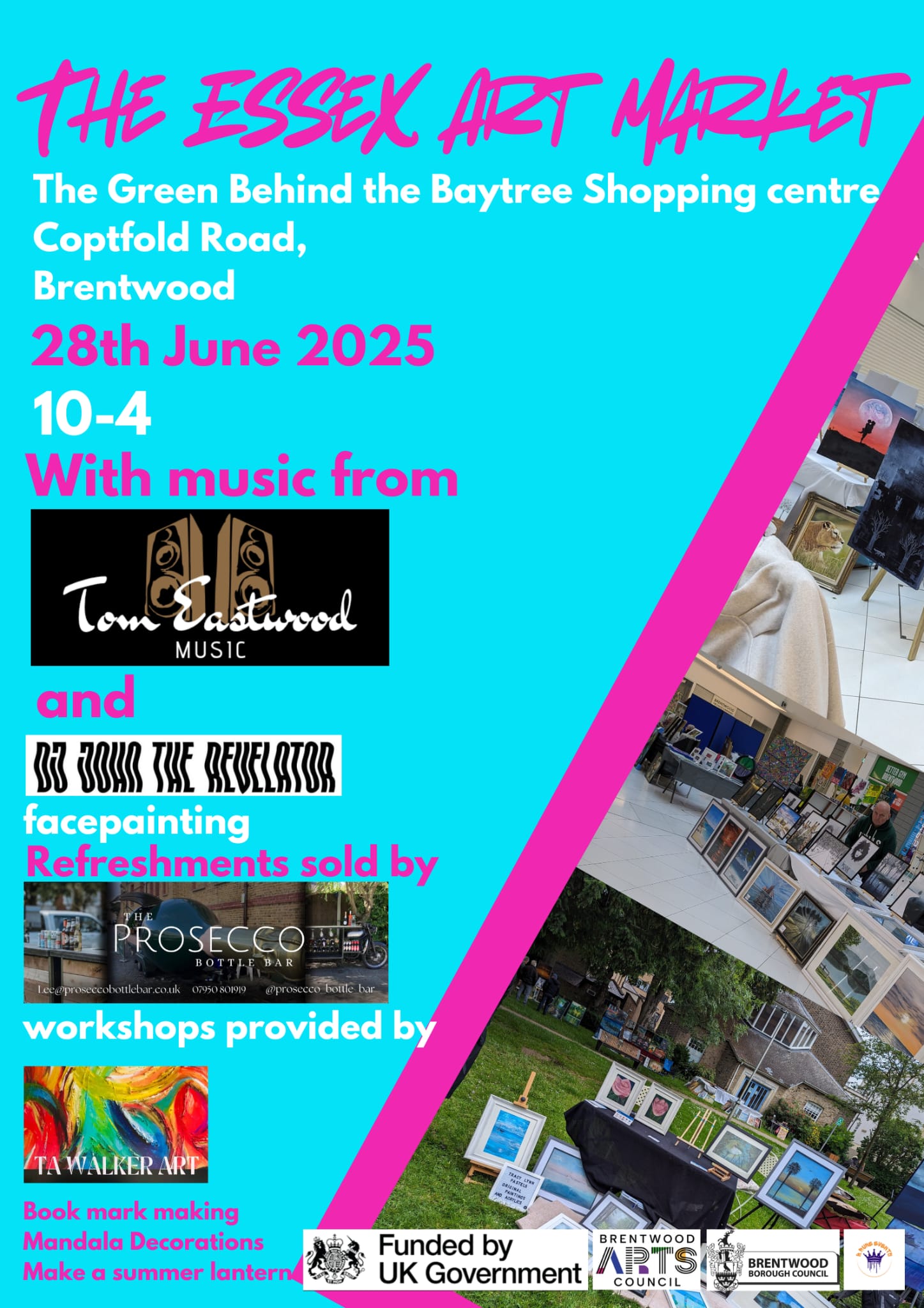 Poster for the Essex Art Market on Saturday 28 June from 10am to 4pm on the green behind the Baytree Shopping Centre.
