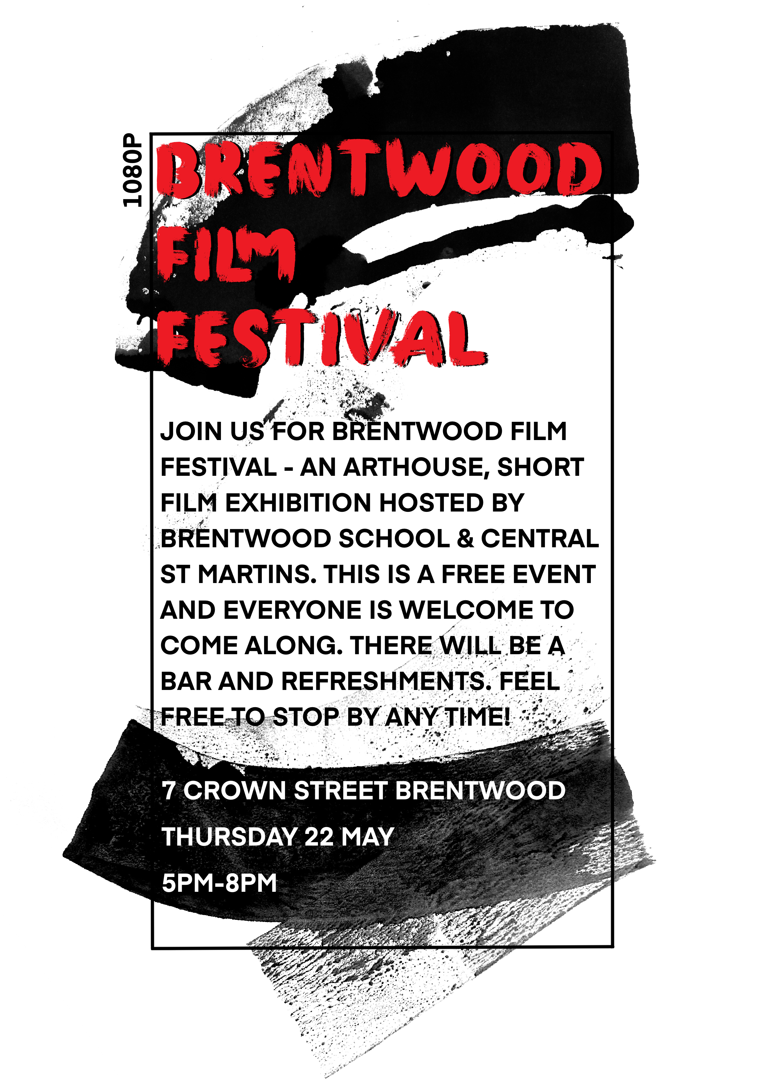 Poster for Brentwood Film Festival, hosted by Brentwood School, on Thursday 22 May from 5-8pm.