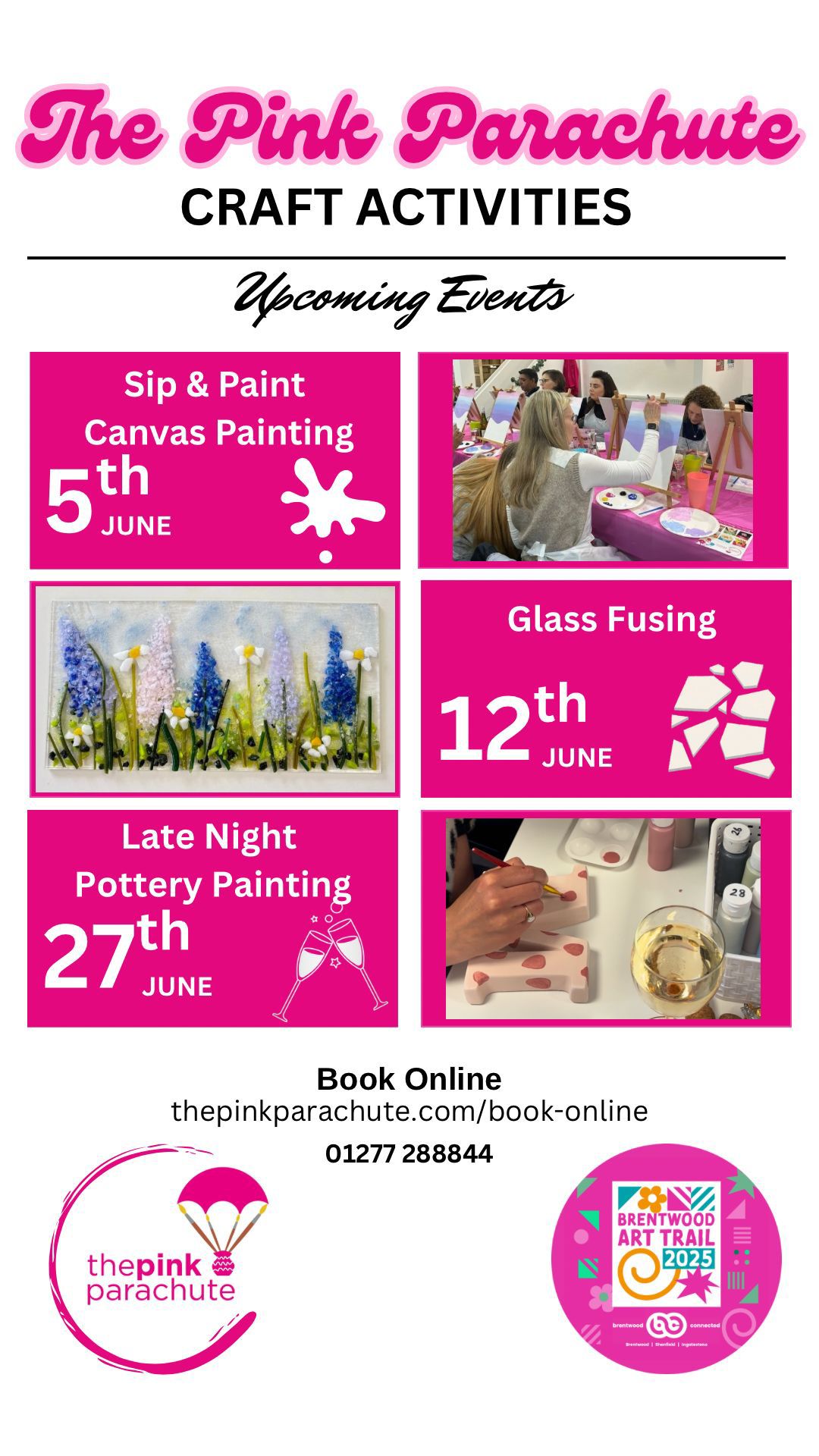 Image promoting three events from The Pink Parachute in June 2025 - Sip & Paint, Late Night Glass Fusing and Late Night Pottery Painting. Includes Brentwood Art Trail logo.