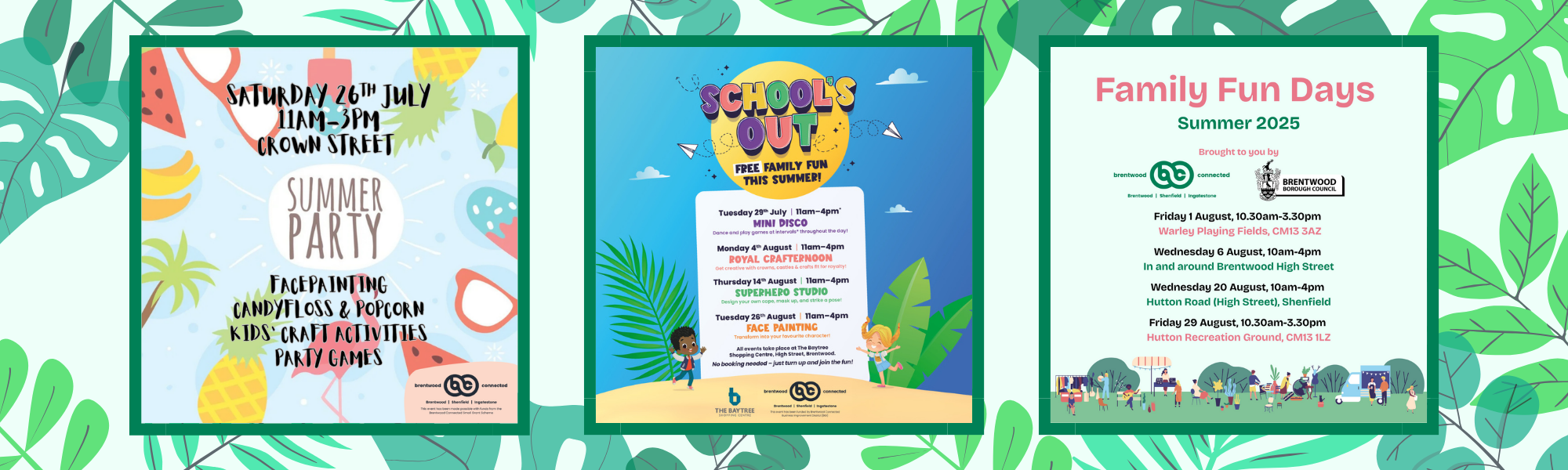 Banner featuring three Summer 2025 funded by Brentwood Connected - the Crown Street Summer Party in July, Baytree Shopping Centre Summer events in July and August, and Family Fun Days with Brentwood Borough Council in July and August.