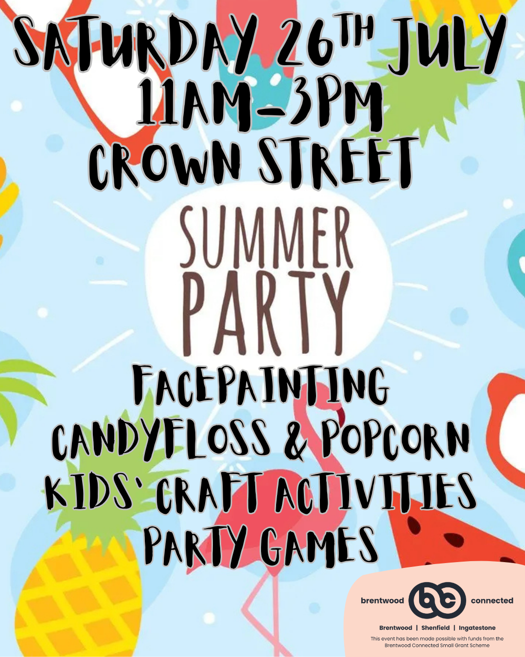 Image promoting the Crown Street Summer Party on Saturday 26 July in Brentwood.