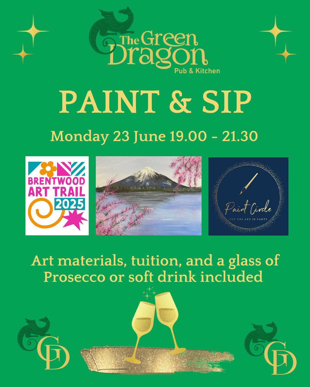 Image promoting Paint & Sip at The Green Dragon Shenfield with Paint Circle as part of the Brentwood Art Trail on Monday 23 June from 19:00.